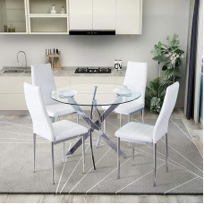 GOLDFAN Mesa de Comedor Clásica de Vidrio Templado Redondo Conjunto Mesa Cocina Moderna y Cuatro Sillas de PU para EL Comedor (White)