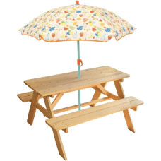 Fun House Wooden Picnic Table and Parasol Fruit Design for Children | Table: H 53 x W 95 x D 75 cm and Parasol: H 125 x Ø 100 cm | Max. Weight: 2 x 30 kg | Gift for Children