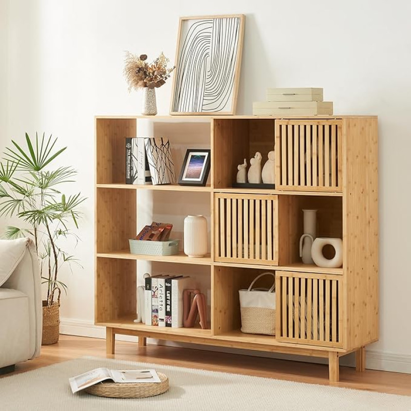 [en.casa] Bamboo Bookcase Ypäjä Standing Shelf 9 Shelves 128 x 147 x 39 cm Multi-Purpose Shelf with 3 Decorative Sliding Doors for Living Room Office