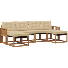 Lauko sofos komplektas 6 dalių iš masyvaus akazienholzo ir tekstileno, modulinis sodo baldas su kilimėliais terasai ir daržui, natūralus ir smėlio spalvos, 249 x 122,5 x 73 cm