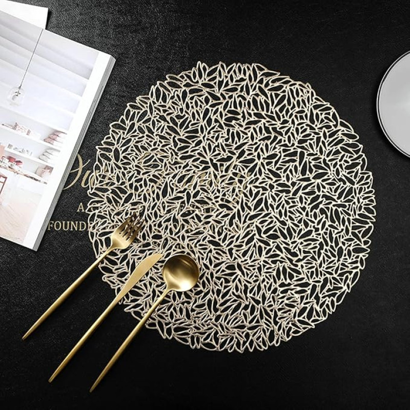 Tischset Modern Rund, 8er Set Rund mit Melonenkernmuster Platzset Modern, Tischset für Küchen Zuhause Esszimmertisch Restaurant, Gold, 38cm