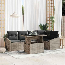 Modernes Garten-Ecksofa-Set 6-teilig Poly-Rattan Grau mit Kissen, Glas-Couchtisch, verstellbaren Füßen und Stauraum als Outdoor-Sofa-Garnitur