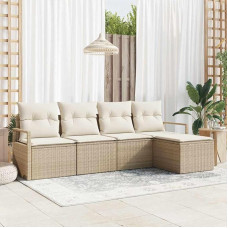 Modulares Gartensofa Set 5-teilig Schwarz Creme Poly-Rattan Outdoor Sofagarnitur mit Kissen Gartenmöbel