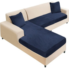 NAISI Sekcinės sofos dangtelis Velvetas Atskiras sofos pagalvių dangteliai L formos minkšti tempimo sofos dangteliai su 2 pagalvių užvalkalais kairiajam/dešiniajam šezlongui (2 sėdimos vietos + 1 šezlongas, Navy)