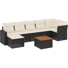 8-teilig Garten-Sofagarnitur Schwarz Poly-Rattan 62x62x69 cm mit Akazienholztisch und cremeweißen Kissen, modulares Lounge-Möbel-Set für Balkon Terrasse Garten Outdoor