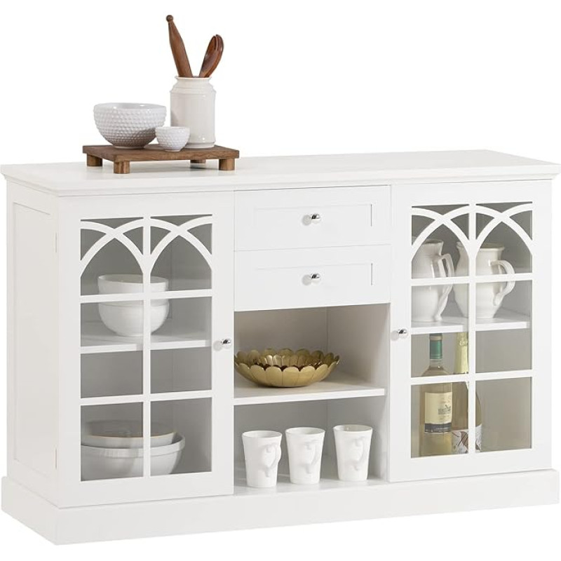 SoBuy FSB79-W Spintelė su 2 stiklinėmis durelėmis ir 2 stalčiais Virtuvės spintelė Komoda Prieškambario spintelė Bufetinė spintelė Balta Plotis apie 120 x 78 x 39 cm