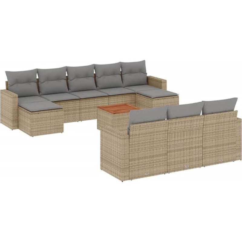 11-TLG. Gartensofa Set Beige Poly-Rattan mit Akazienholztisch 55x55 cm Modernes modulares Lounge Möbel Set für Terrasse Balkon und Innenhof