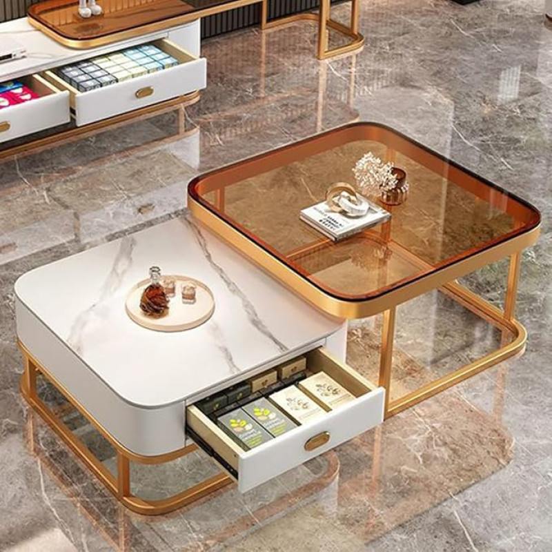 Modernes Couchtisch-Set aus Glas mit Metallrahmen, stilvolle quadratische goldene Aufbewahrungstische für Wohnzimmer, einfache Montage, Heimmöbel