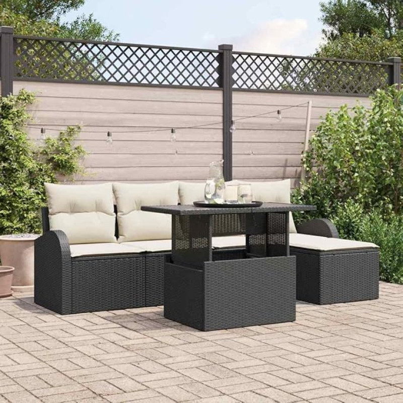 Modulares Gartensofa-Set 6-teilig mit Kissen, Outdoor-Sofagarnitur mit Stauraum in rechteckiger Form aus Poly Rattan