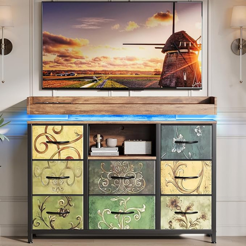 Chest of Drawers for Bedroom, Adults, 8 Drawers, Chest of Drawers with Fabric Drawers, Wooden Storage Furniture with LED and Socket, Low Chest of Drawers, Hallway Furniture with Storage Space