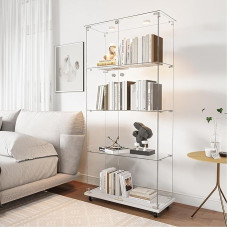 Glass Display Cabinet with LED Lock and 2 Doors Sales Display Cabinet Standing Glass Display Case with Lock for Books, Collectibles, Wine (White A, 163 x 78.5 x 35 cm
