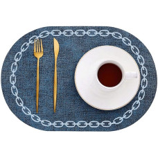 AMDXD 2er Set Tischset Abwaschbar Oval, PU Leder Platzset Abwaschbar Motiv Kette Muster Hitzebeständige, Tisch-Sets Dunkel Blau für Zuhause Restaurant Speisetisch, 30x44CM