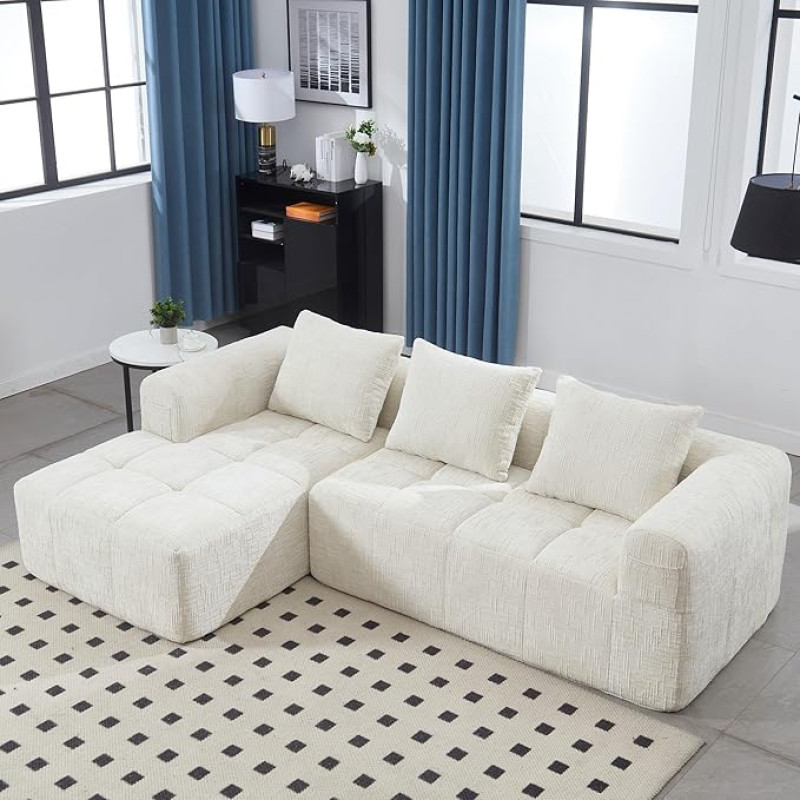 Šiuolaikinė sekcinė sofa, kampinė sofa su šezlongu ir porankiais, šenilinė sofa su šonine kišene, nereikia montuoti, smėlio spalvos