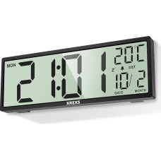 XREXS 14.5 Inch Digital Wall Clock, Time, Calendar, Temperature, DST Function, Battery Operated, for Bedroom, Living Room, Classroom, Office (Black)