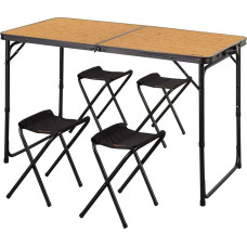 AKTIVE 63162 Aluminium Folding Table with 4 Steel Stools, Height Adjustable 60/70 cm, Surface 120 x 60 cm, Bamboo Finish, Portable Design with Handle for Camping, Beach and Garden