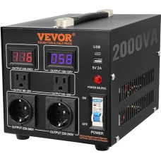 VEVOR 2000 W Voltage Converter Transformer AC 110 V 220 V Transformer Converter 2 x US NEMA 5-15R 3-Pin / 2 x Standard European Shucko Output Sockets, 1 x 5 V USB Port, 1 x Type C Socket