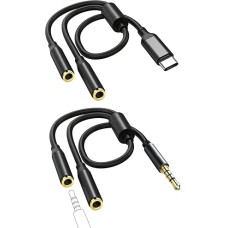2 ausinių garso adapterio dalytuvo kabeliai, USB C 3,5 mm garso Y dalytuvo kabelis, ausinių garso adapteris ausinėms, planšetiniams kompiuteriams, išmaniesiems telefonams ir MP3 grotuvams