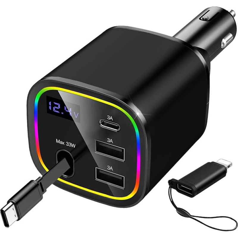 Cigaretės žiebtuvėlio USB C, 4-in-1 ištraukiamas automobilinis įkroviklis, 78 W greitasis įkroviklis su RGB šviesa, skirtas 