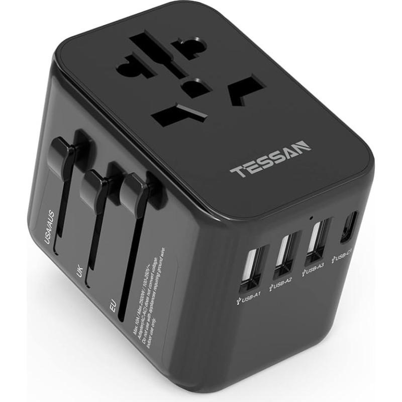 TESSAN kelioninis adapteris visame pasaulyje, universalus kelioninis kištukas su 3 USB, 1 USB C ir 1 kintamosios srovės kištukiniu lizdu, tarptautinis kištukinis lizdas, universalus adapteris Vokietijai, JAV, Anglijai, Italijai, Australijai, juodas
