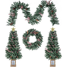 COSTWAY Artificial Christmas Tree in Pot Set of 2, 120 cm Mini Christmas Tree with Christmas Garland & Christmas Wreath, Christmas Tree with Pine Cones, Frosty Red Berries & Star, Artificial Tree Christmas