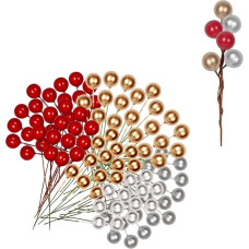 100 kalėdinių dirbtinių uogų pakuotė, auksinės sidabrinės raudonos Holly uogos, mini kalėdinės uogos, dirbtinės Holly, skirtos kalėdinių vainikų dekoravimui, Kalėdų eglutės puošybai