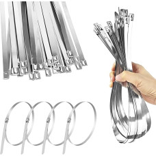 30 vnt. 10 x 600 mm nerūdijančio plieno kabelių kaklaraiščių, sunkiųjų pareigų savaime užsifiksuojantys ilgi metaliniai kabelių kaklaraiščiai, skirti lauko pramoniniams vamzdžiams, atsparūs UV spinduliams (sidabriniai)