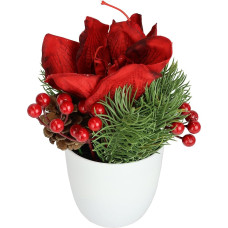 Dirbtinių gėlių puokštė Amaryllis 20 cm vazonėlyje - kalėdinė dekoracija su eglių šakomis, uogomis ir spurgomis - dekoratyvinės gėlės Kalėdinė gėlių puokštė Žiemos gėlių dekoracija Stalas