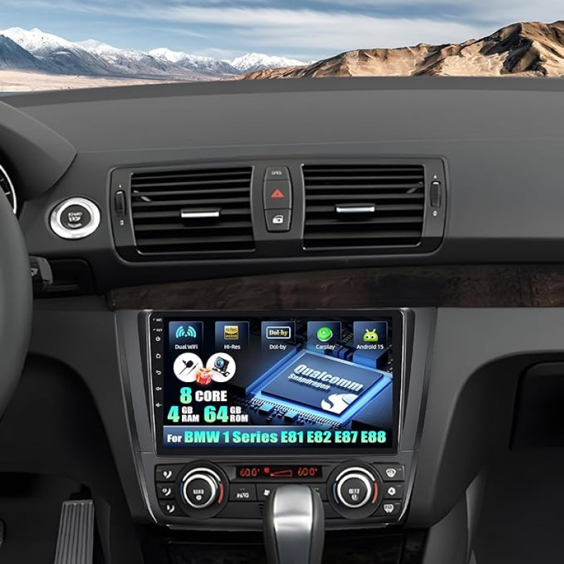 CAMECHO Android 15 Qualcomm Octa Core 4G + 64G automobilinis radijas BMW 1 serijos E81 E82 E87 E88 su Carplay Android automobilinė navigacija Dual WiFi 9 colių ekranas su navigacija Bluetooth 5.1 FM/RDS + atbulinės eigos kamera