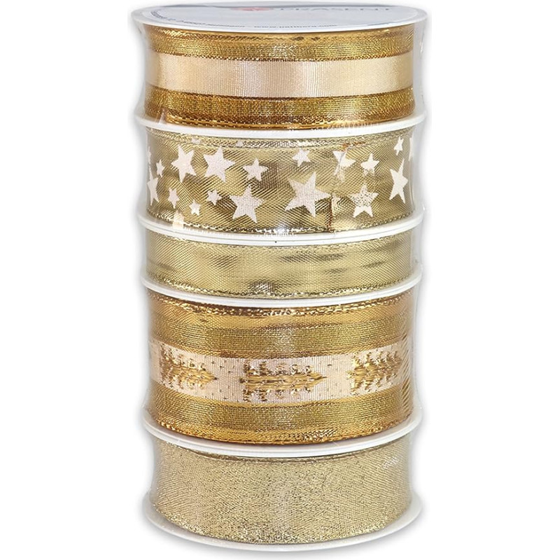 PRÄSENT Geschenk-Set WEIHNACHTEN auksinis, 5-teilig, je 3 m Länge zum Basteln, Dekorieren & Verpacken von Geschenken, zu jedem Anlass