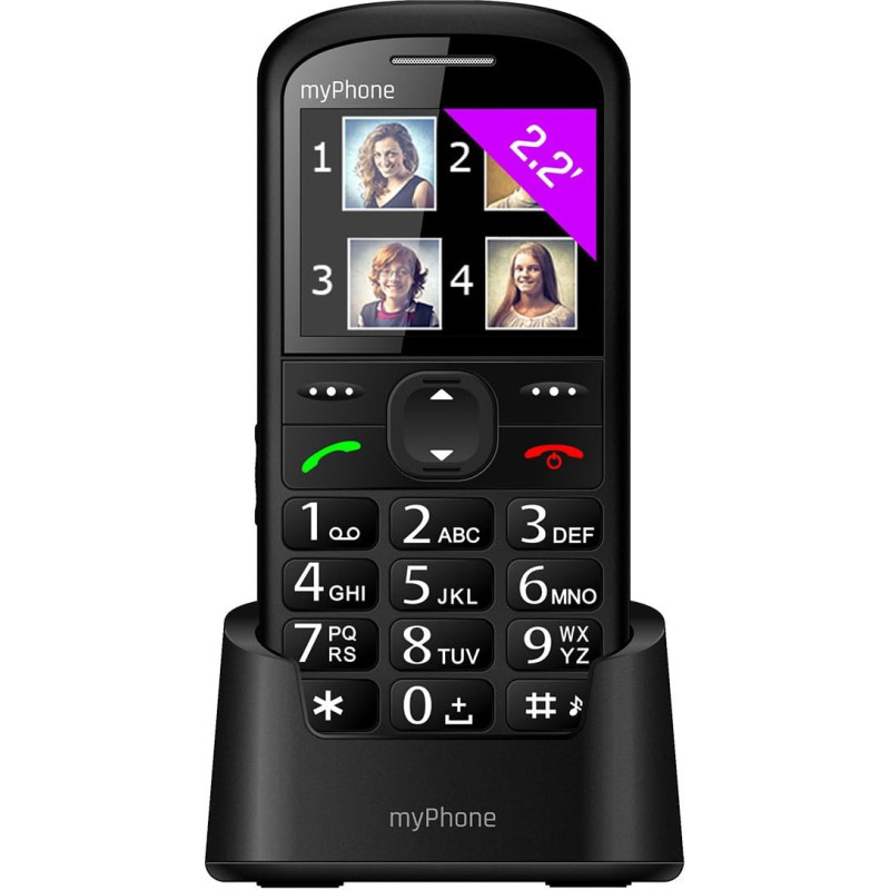 myPhone Halo 2 Mobiltelefon Senioren-Handy mit Ladestation ohne Vertrag 2.2 Zoll großes Display Großtastenhandy, Farbdisplay, Notruftaste, Taschenlampe, Bluetooth, großer Akku 900mAh, Kamera - Schwarz