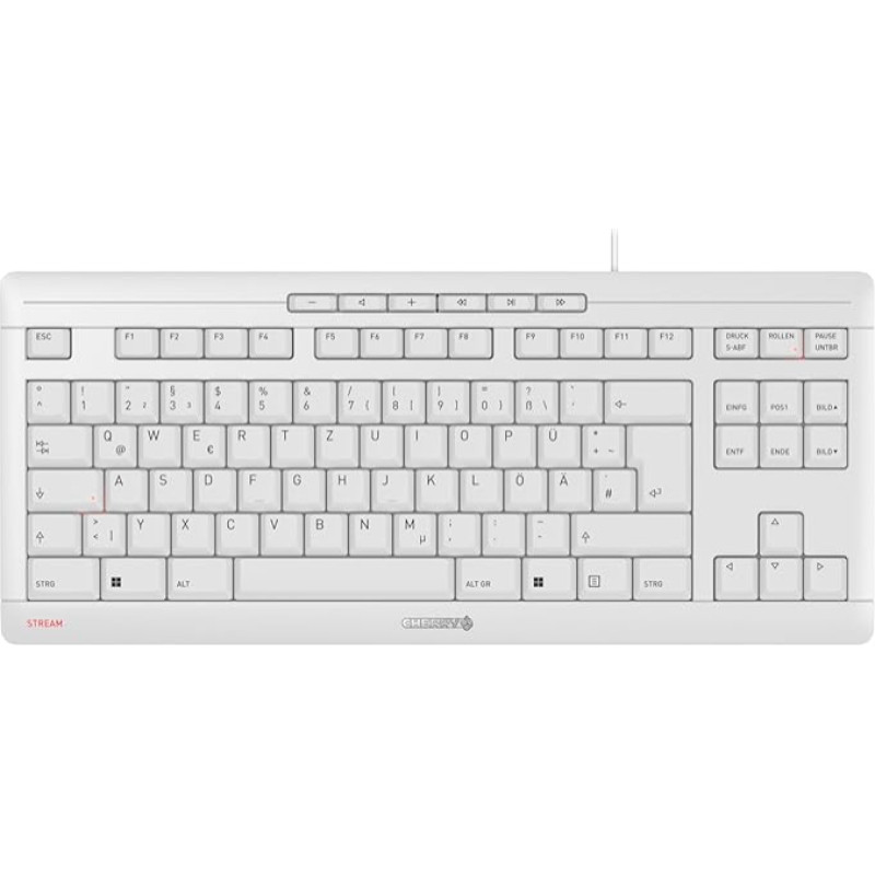 CHERRY Stream klaviatūra TKL, laidinė klaviatūra be skaičių klaviatūros, vokiškas išdėstymas (QWERTZ), tylus klavišų paspaudimas, unikalus rašymo pojūtis, balta/pilka