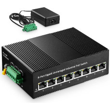 Binardat 8 prievadų Gigabit PoE Din Rail pramoninis Ethernet komutatorius, 8 PoE IEEE802.3af/at, 16 Gbps komutavimo pajėgumas, su 96 W maitinimo šaltiniu