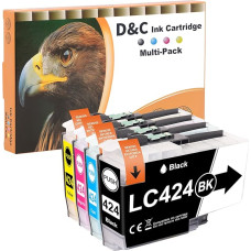 D&C LC424 LC 424 kasetės, suderinamos su Brother LC-424 LC424 LC-424VAL kasetėmis, skirtomis Brother DCP-J1200W DCP-J1200WE spausdintuvo kasetėms (1 juoda, 1 žydra, 1 purpurinė, 1 geltona)