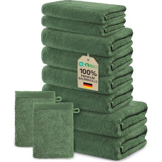 Ôhm 10 dalių rankšluosčių rinkinys, 100 % medvilnė, 500 g/m², eglės žalia, 2 vonios rankšluosčiai 70 x 140 cm, 4 rankšluosčiai rankoms 50 x 100 cm, 2 rankšluosčiai svečiams 30 x 50 cm, 2 skalbimo rankšluosčiai 15 x 20 cm, minkšti ir sugeriantys, 