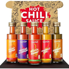 TIMBER TASTE Hot Sauces Gift Set World - 5 Hot Sauce Trinidad Scorpion Scotch Bonnet Serrano Amarillo Ghost Pepper | Hottest Sauce World Men's Gifts Delicatessen - Gifts for Men