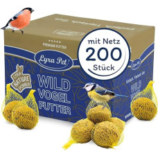 Lyra Pet 200 riebių kamuoliukų tinklelyje 90 g = 18 kg Energijos dozatorius laukiniams paukščiams Lesalas paukščiams Visus metus maistingomis medžiagomis turtingas laukinių paukščių lesalas Riebus lesalas vasarą ir žiemą su pakabinamu tinkleliu