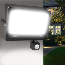 LED prožektorius su judesio jutikliu lauke, 100 W, 10000 LM, itin ryškus lauko prožektorius, 6500 K, vėsiai baltas, LED prožektorius, lauko lempa, IP66 atsparus vandeniui, lauko apšvietimas, garažo, sodo, kiemo žibintas