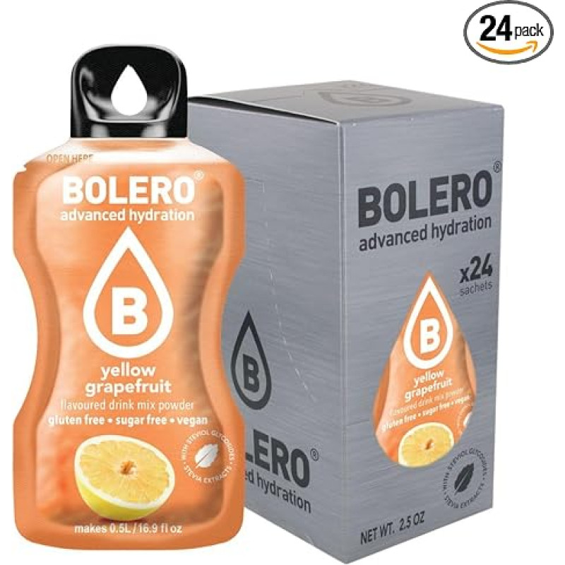 Bolero „GELTONAS GRAPEFRUTAS“ 24 x 3 g | Sulčių milteliai be cukraus, saldinti stevija + vitaminas C | Tinka vaikams, sportininkams ir diabetikams | Be glitimo ir tinka veganams | Geltonojo greipfruto skonio