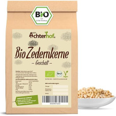 „Achterhof“ nulupti kedro riešutai, ekologiški, 100 g | Nulupti sveiki kedro riešutai, ekologiški | Intensyvus riešutų skonis | Puikiai tinka kaip užkandis arba kaip priedas į kokteilius, pesto padažus ir salotas