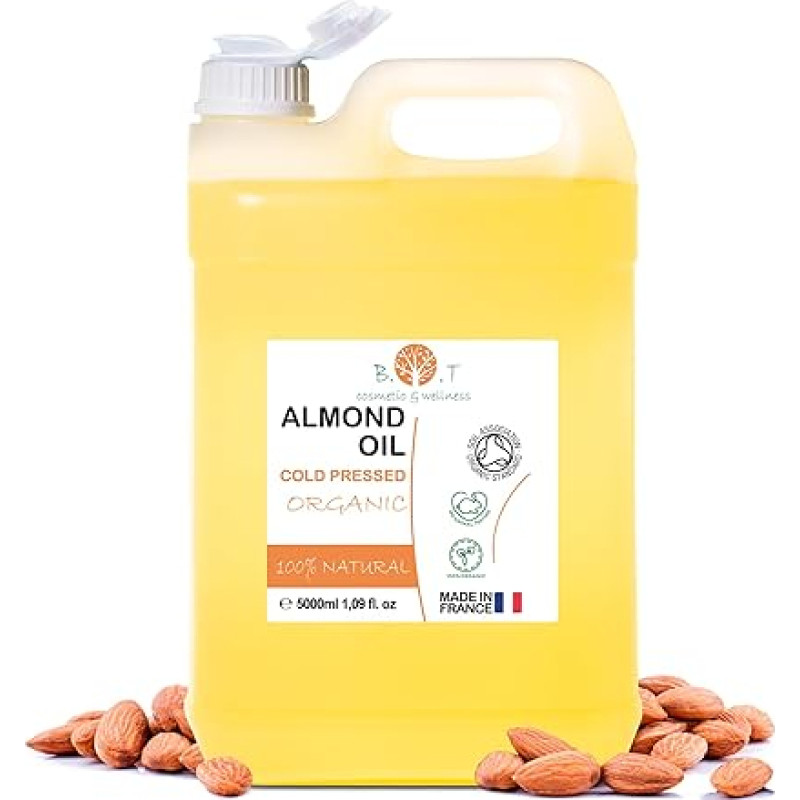Organic Almond Oil, Pure, Cold Pressed, Natural, Cosmetic Massage Oil, Hair and Beard Oil, Body Oil, Anti-Wrinkle Face Oil, Stretch Marks, Nails, Almond Oil Baby, Scalp Oil - 5000 ml