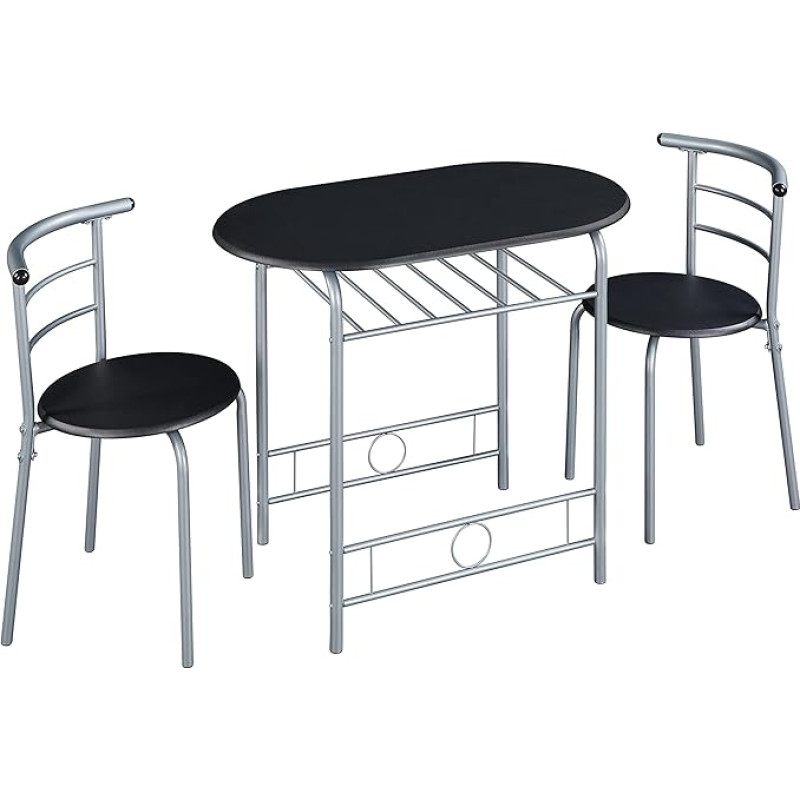 Yaheetech Dining Set for 2 People, 1 Dining Table with 2 Chairs, Kitchen Table with Storage Compartment, Steel Frame Table Set for Kitchen, Living Room, Balcony, Restaurant, 90 x 53 x 75.5 cm, Black