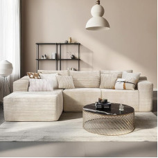Modular Corner Sofa L Shape Corduroy Fabric - Boneless Couch with Sleep Function, Corner Sofa with Recliner Chair, 3 Backrests & 4 Cushions, No Assembly - Beige | Boneless Couch,Ecksofa mit Schlaffunktion,Cordstoff,3 Rückenlehnen,4 Kissen,Keine Montage,Wo