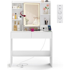 VASAGLE Kailyn Collection - Dressing Table with LED Lighting, 3 Colours with Adjustable Brightness, Dressing Table with Mirror, Adjustable Shelves, Power Strip, 2 Drawers, White RDT143WB01