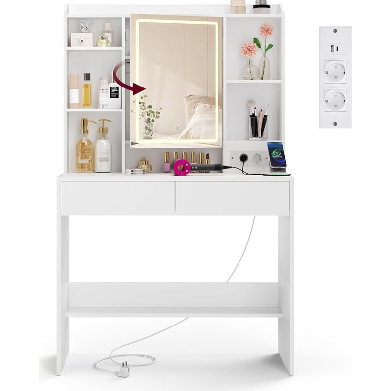 VASAGLE Kailyn Collection - Dressing Table with LED Lighting, 3 Colours with Adjustable Brightness, Dressing Table with Mirror, Adjustable Shelves, Power Strip, 2 Drawers, White RDT143WB01