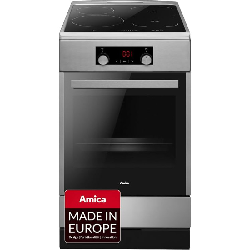 „Amica“ viryklė, 50 cm, 65 l, elektrinė indukcinė kaitlentė, nerūdijantis plienas, SHI 905 150 E | 11 orkaitės funkcijų, 4 greito kaitinimo zonos, tiltelio funkcija, „SensorTouch“, „SteamClean“, „SoftClose“, „CoolDoor3“