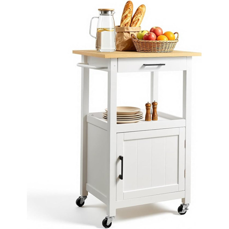 VEVOR Kitchen Island Cart with Single Door Cabinet, Mobile Cart with Drawer & Towel Rail & Hooks, Portable Table on Castors, Small Coffee Islands, Microwave Stand for Dining Room, White