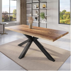 Valgomojo stalas 180 x 90 cm iš masyvios mangmedžio medienos su „Spider Frame“ konstrukcija ir natūraliais kraštais | Mangmedžio mediena, stalviršis, natūralus/neapdorotas, juodos spalvos, stalas su natūraliais kraštais