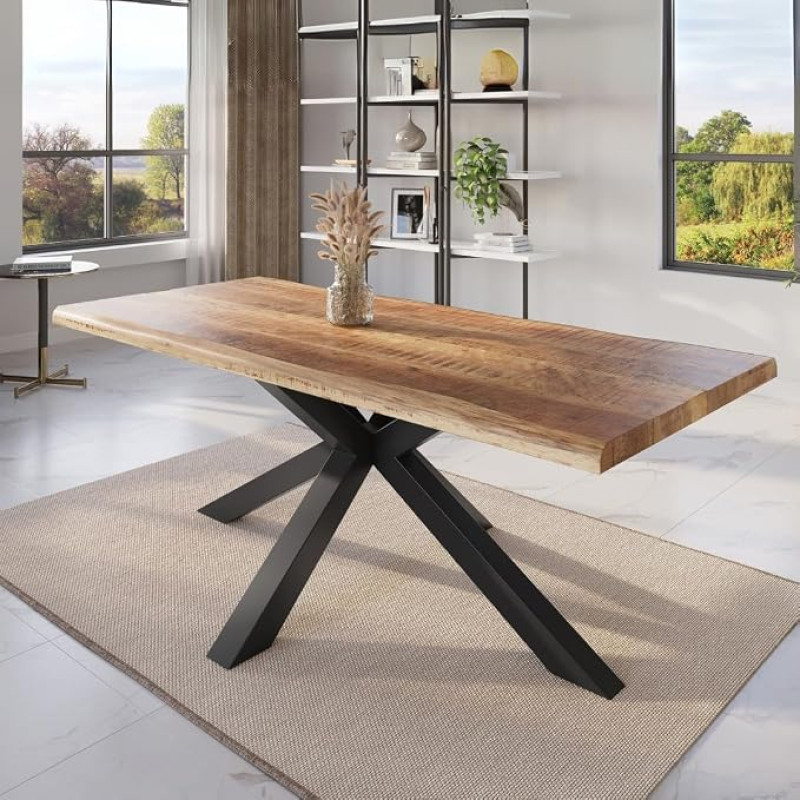Valgomojo stalas 180 x 90 cm iš masyvios mangmedžio medienos su „Spider Frame“ konstrukcija ir natūraliais kraštais | Mangmedžio mediena, stalviršis, natūralus/neapdorotas, juodos spalvos, stalas su natūraliais kraštais