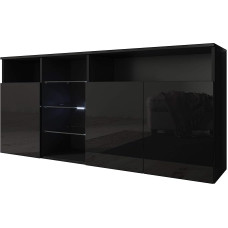 MB Muebles Bonitos svetainės bufetas, plotis 150 x aukštis 70 x gylis 35 cm, modernus, juodos spalvos su blizgiu paviršiumi, 3 durelės, LED apšvietimas, svetainės TV spintelė, modelis „Clark L“