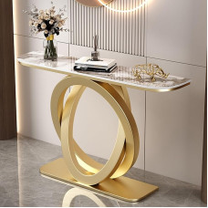 Moderner Halbmond-Eingangs-Konsole-Akzenttisch, Luxus schmale Eingangs-Sofatisch, Doppelte runde Metallbasis, Kratzfeste Stein-Arbeitsplatte, Flur-/Korridortisch(Gold A,80CM/31.5IN)